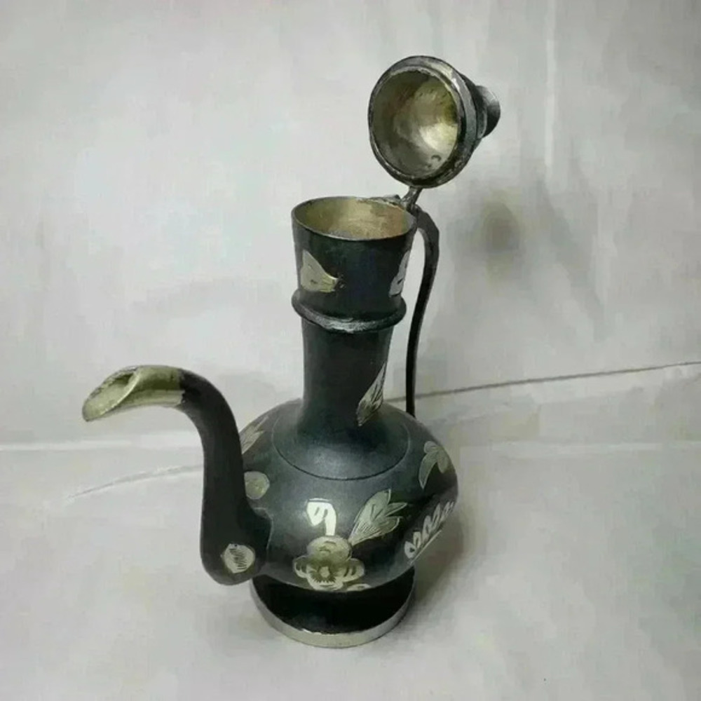 Vintage and Collectible Black & Gold Brass Hand Etched Made In India Teapot 6”‎